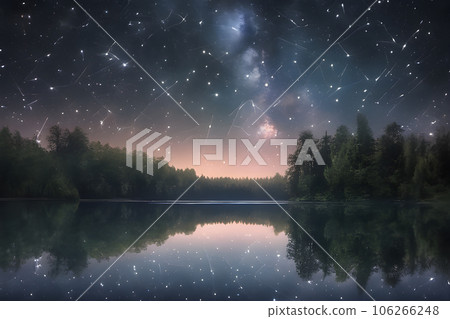 a lake at night the stars above and the surrounding trees 106266248
