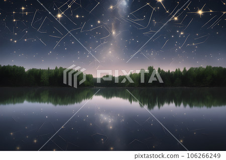 a lake at night the stars above and the surrounding trees 106266249