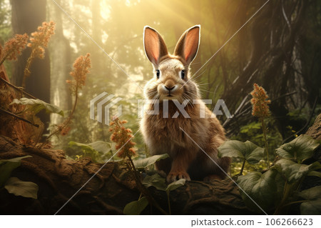 Image of brown rabbit in the fertile forest. Wildlife Animals. Nature. Illustration, Generative AI. Image of brown rabbit in the fertile forest. Wildlife Animals. Nature. Illustration, Generative AI. 106266623