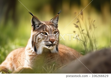 Image of lynx or bobcat resting on green pasture grass on summer. Wildlife Animals. Illustration. Generative AI. 106266629