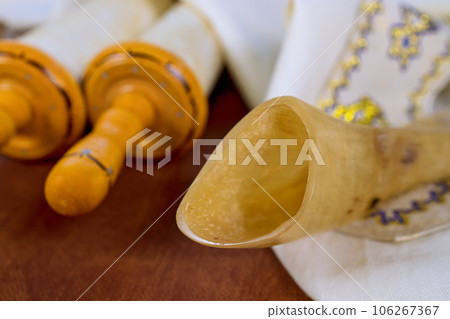 Jewish religious holyday symbols Torah parchment scroll in synagogue to Jew festivals Jewish religious holyday symbols Torah parchment scroll in synagogue to Jew festivals 106267367