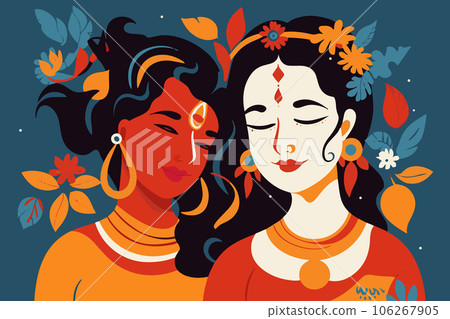 Colorful portrait of Hindu gods Krishna and Radha. Young Indian couple on a date. Smiling happy faces of a man and a woman spending time together. Editable vector illustration Colorful portrait of Hindu gods Krishna and Radha. Young Indian couple on a date. Smiling happy faces of a man and a woman spending time together. Editable vector illustration 106267905
