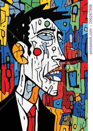 Colorful painting of a horrified Caucasian man on a city street. Artistic portrait of a guy in pain crying. Mental health issues concept Colorful painting of a horrified Caucasian man on a city street. Artistic portrait of a guy in pain crying. Mental health issues concept 106267906