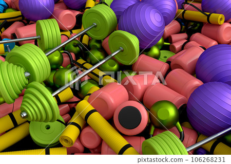Pile of sport equipment like kettlebell, fitness ball, barbell and yoga mat 106268231