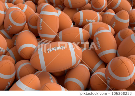 Many of flying orange american football ball falling on white background 106268233