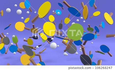 Flying of sport equipment like ping pong racket for table tennis on violet 106268247