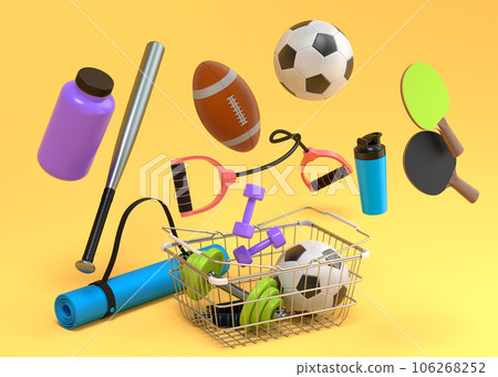 Sport equipment for fitness, gym, crossfit in shopping basket on yellow Sport equipment for fitness, gym, crossfit in shopping basket on yellow 106268252