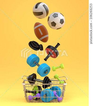 Sport equipment for fitness, gym, crossfit in shopping basket on yellow 106268253