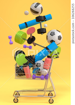 Sport equipment for fitness, gym, crossfit in shopping cart on yellow Sport equipment for fitness, gym, crossfit in shopping cart on yellow 106268255