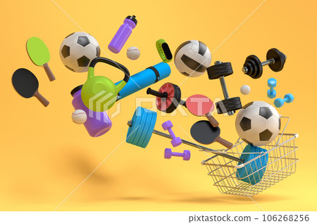 Sport equipment for fitness, gym, crossfit in shopping basket on yellow 106268256