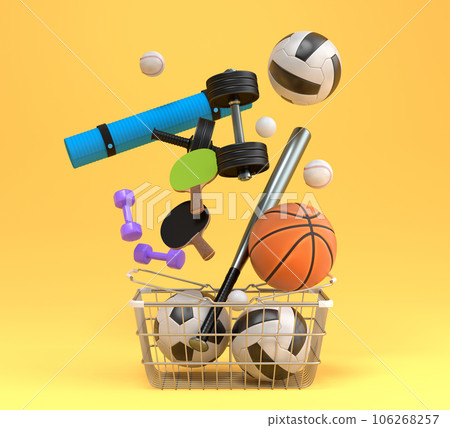 Sport equipment for fitness, gym, crossfit in shopping basket on yellow Sport equipment for fitness, gym, crossfit in shopping basket on yellow 106268257