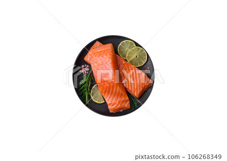 Fresh tasty raw red fish fillet with spices and herbs 106268349
