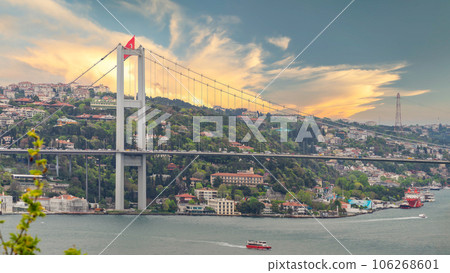 Sunrise shot of Istanbul city from Fethi Pasha Grove overlooking Bosphorus Bridge, or Bogazici Koprusu, Istanbul, Turkey 106268601