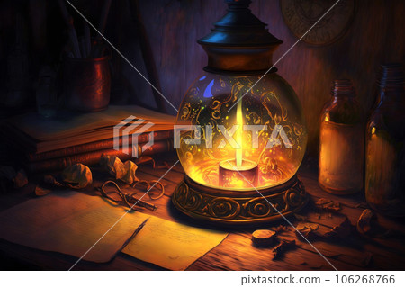 An old wooden table with notes and a beautiful antique lamp with patterned glass and a lit candle. Generative AI. 106268766