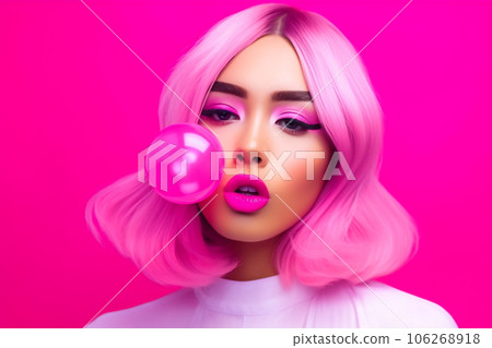 Emotion pink wig woman. Wide open mouth. Pink lips makeup Emotion pink wig woman. Wide open mouth. Pink lips makeup 106268918