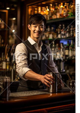 Young smiling Korean bartender on the workplace. Shelves with bottles of alcohol in the background Young smiling Korean bartender on the workplace. Shelves with bottles of alcohol in the background 106268923