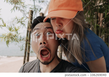 Funny face of selfie lovely couple man and woman. 106269040