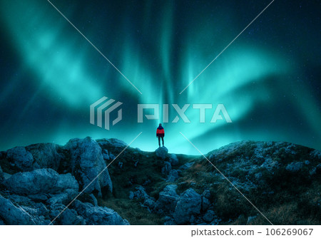 Aurora borealis and young woman on mountain peak at night 106269067