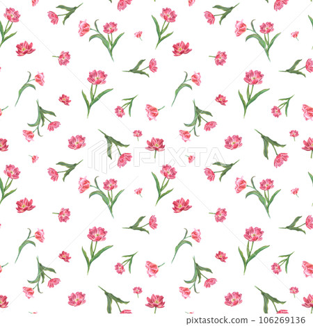 Garden pink double tulips ornate. Watercolor seamless pattern isolated on white background. Spring flower illustration for print, textile design, wrapping paper, scrapbooking, postcards Garden pink double tulips ornate. Watercolor seamless pattern isolated on white background. Spring flower illustration for print, textile design, wrapping paper, scrapbooking, postcards 106269136