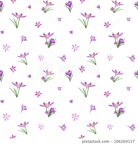 Ornate of lilac crocuses. Watercolor seamless pattern isolated on white background. Spring illustration for the design of textile, wrapping paper, scrapbooking, greetings, wedding cards Ornate of lilac crocuses. Watercolor seamless pattern isolated on white background. Spring illustration for the design of textile, wrapping paper, scrapbooking, greetings, wedding cards 106269137