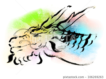 龍輪廓手繪日式插畫彩虹背景 106269263