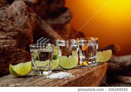 Tequila with salt and lime slices. Tequila with salt and lime slices. 106269502