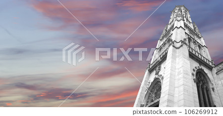 Great gothic church of Saint Germain l Auxerrois (against the background of a sky at sunset), Paris, France 106269912