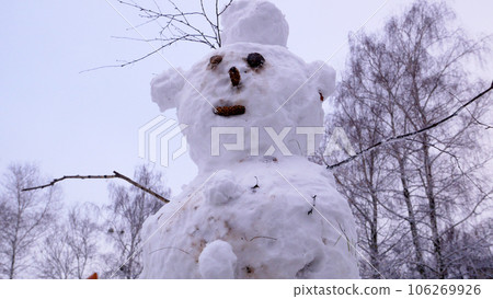 A large snowman against the background of trees and a winter sky 106269926