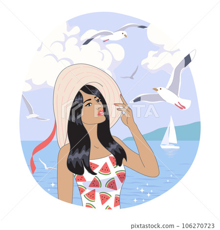 Beautiful Woman in Hat  Walking on the Beach 106270723