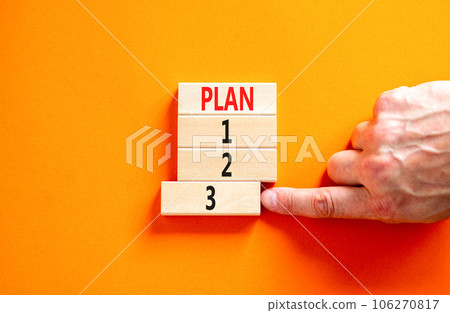 Time to plan 3 symbol. Concept word Plan 1 2 3 on wooden block. Businessman hand. Beautiful orange table orange background. Business planning and time to plan 3 concept. Copy space. Time to plan 3 symbol. Concept word Plan 1 2 3 on wooden block. Businessman hand. Beautiful orange table orange background. Business planning and time to plan 3 concept. Copy space. 106270817