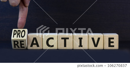 Reactive or proactive symbol. Turned wooden cubes and changed the concept word reactive to proactive. Beautiful grey table grey background, copy space.Business and reactive or proactive concept. 106270837