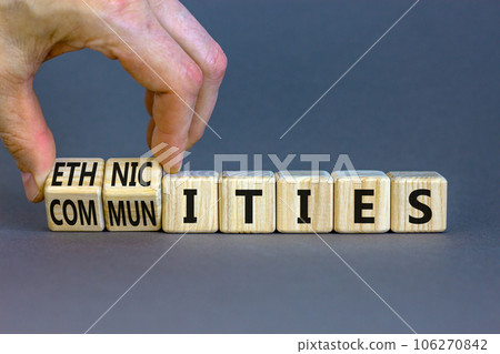 Ethnicities or communities symbol. Concept words Ethnicities and Communities on wooden cubes. Beautiful grey background. Businessman hand. Business ethnicities or communities concept. Copy space. Ethnicities or communities symbol. Concept words Ethnicities and Communities on wooden cubes. Beautiful grey background. Businessman hand. Business ethnicities or communities concept. Copy space. 106270842