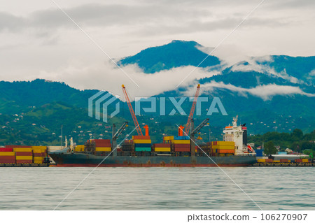 Harbor cranes during unloading of a cargo ship in the Batumi seaport 106270907