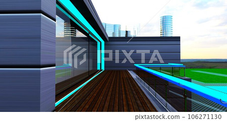 Contemporary balcony design. Decked floor and illuminated railings of the glass fence. Urban buildings on the background. 3d rendering. 106271130