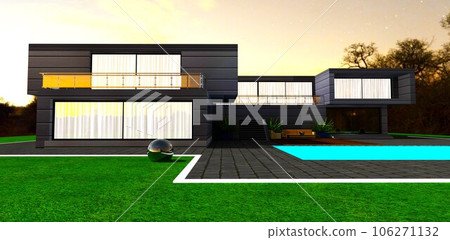 Cozy country dwelling at night. Light behind curtains looks nice in the windows, Glowing water in the swimming pool. 3d rendering. Cozy country dwelling at night. Light behind curtains looks nice in the windows, Glowing water in the swimming pool. 3d rendering. 106271132