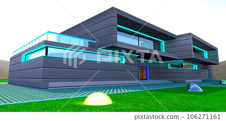 Metal facade of the compact dwelling constructed in mountains region. Well-groomed lawn in front of the entry. 3d rendering. 106271161