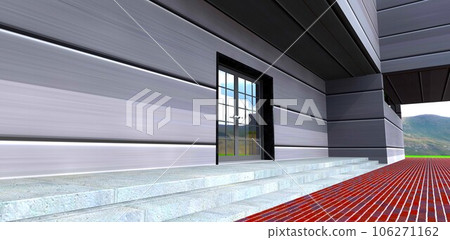 Minimalist style porch with long concrete steps. Aluminium facade. Swing entry door with glass elements. 3d rendering. 106271162