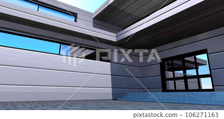 Modern dwelling porch design. Glass swing door . Wide concrete steps. Balcony above the entrance. 3d rendering. 106271163