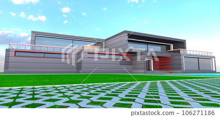 Suburban house with long terraces on the rooftop and aluminium exterior. Concrete grid pavement on the lawn. 3d rendering. 106271186