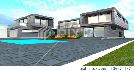 Suburban real estate as reliable investment for people who have enough money. 3d rendering. Suburban real estate as reliable investment for people who have enough money. 3d rendering. 106271187