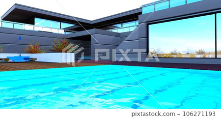 The steps are visible under the transparent pool water in the courtyard of the contemporary suburban mini-hotel with metal facade. 3d rendering. The steps are visible under the transparent pool water in the courtyard of the contemporary suburban mini-hotel with metal facade. 3d rendering. 106271193