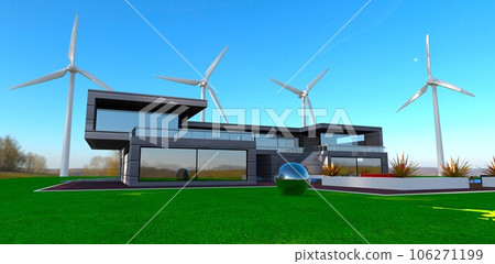 Using of wind turbines makes the contemporary real estate the energy independent. 3d rendering. Using of wind turbines makes the contemporary real estate the energy independent. 3d rendering. 106271199