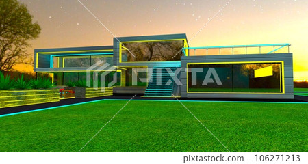 Yellow turquoise night lighting of the exterior elements of the contemporary compact dwelling at night. 3d rendering. 106271213