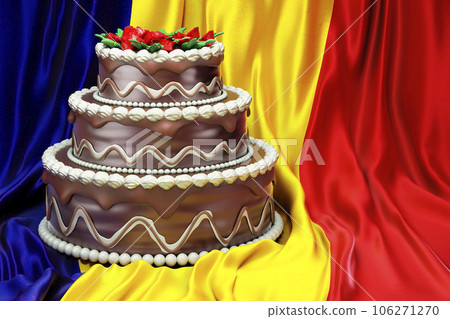Chocolate cake on the Romanian flag background, 3D rendering Chocolate cake on the Romanian flag background, 3D rendering 106271270