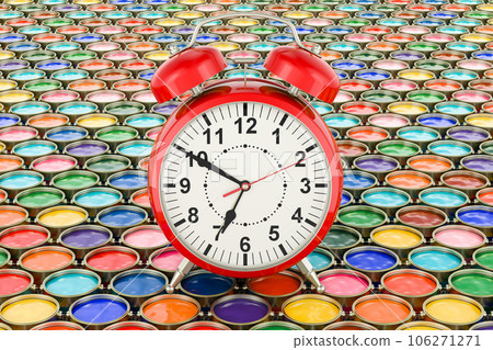 Colored paint cans background with alarm clock, 3D rendering Colored paint cans background with alarm clock, 3D rendering 106271271
