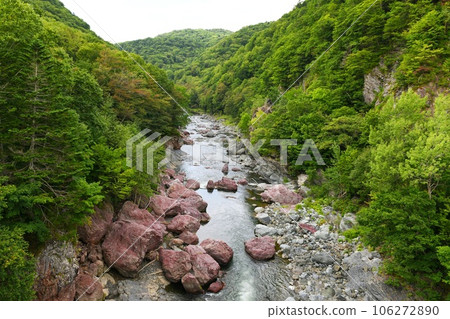 [Shimukappu village, ``Akaiwa Seigankyo'', a gorge with a unique landscape of red and blue gigantic rocks] 106272890
