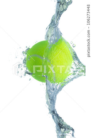 Tennis Ball falls into water and creates air bubbles on surface. Tennis green Ball drop hit smash to clear water and deep to bubble. White background isolated freeze motion Tennis Ball falls into water and creates air bubbles on surface. Tennis green Ball drop hit smash to clear water and deep to bubble. White background isolated freeze motion 106273448