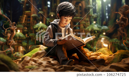 3D illustration of an Asian boy immersed in a fantasy story world "AI generated image" 106274725