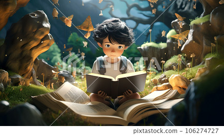 3D illustration of an Asian boy immersed in a fantasy story world "AI generated image" 106274727