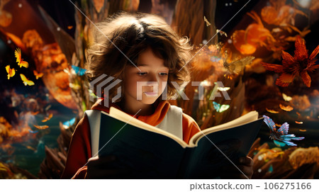 A boy immersed in a fantasy story world "AI generated image" 106275166